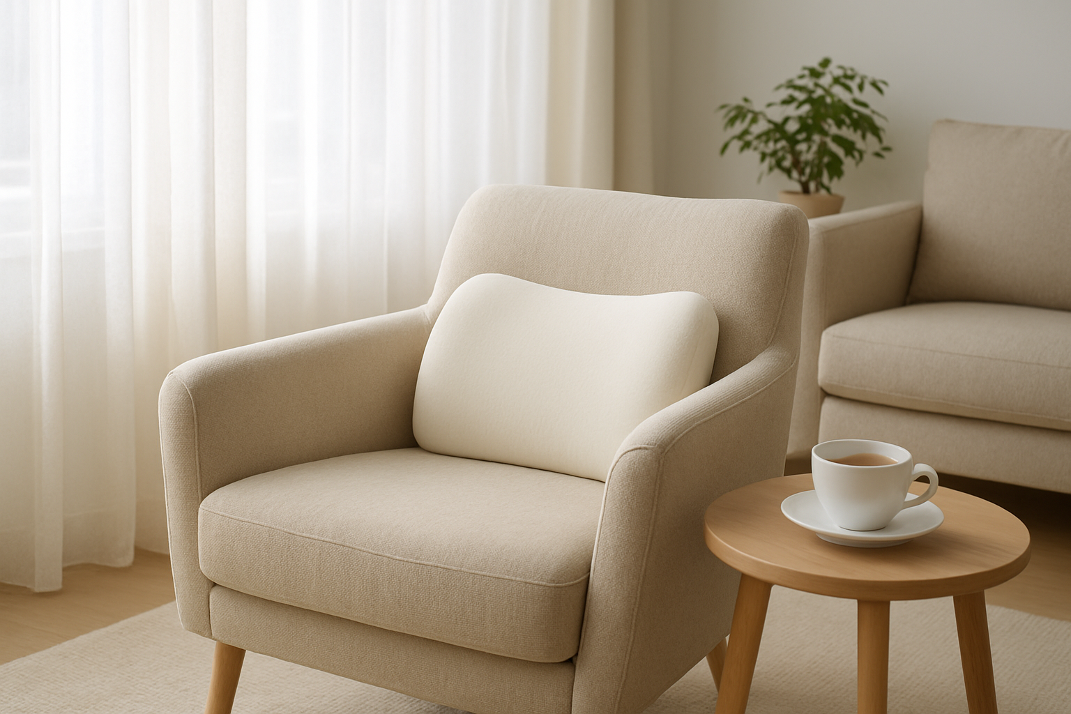 Coussin lombaire en mousse à mémoire de forme posé sur un fauteuil dans un salon lumineux, apportant un soutien ergonomique pour soulager le mal de dos.