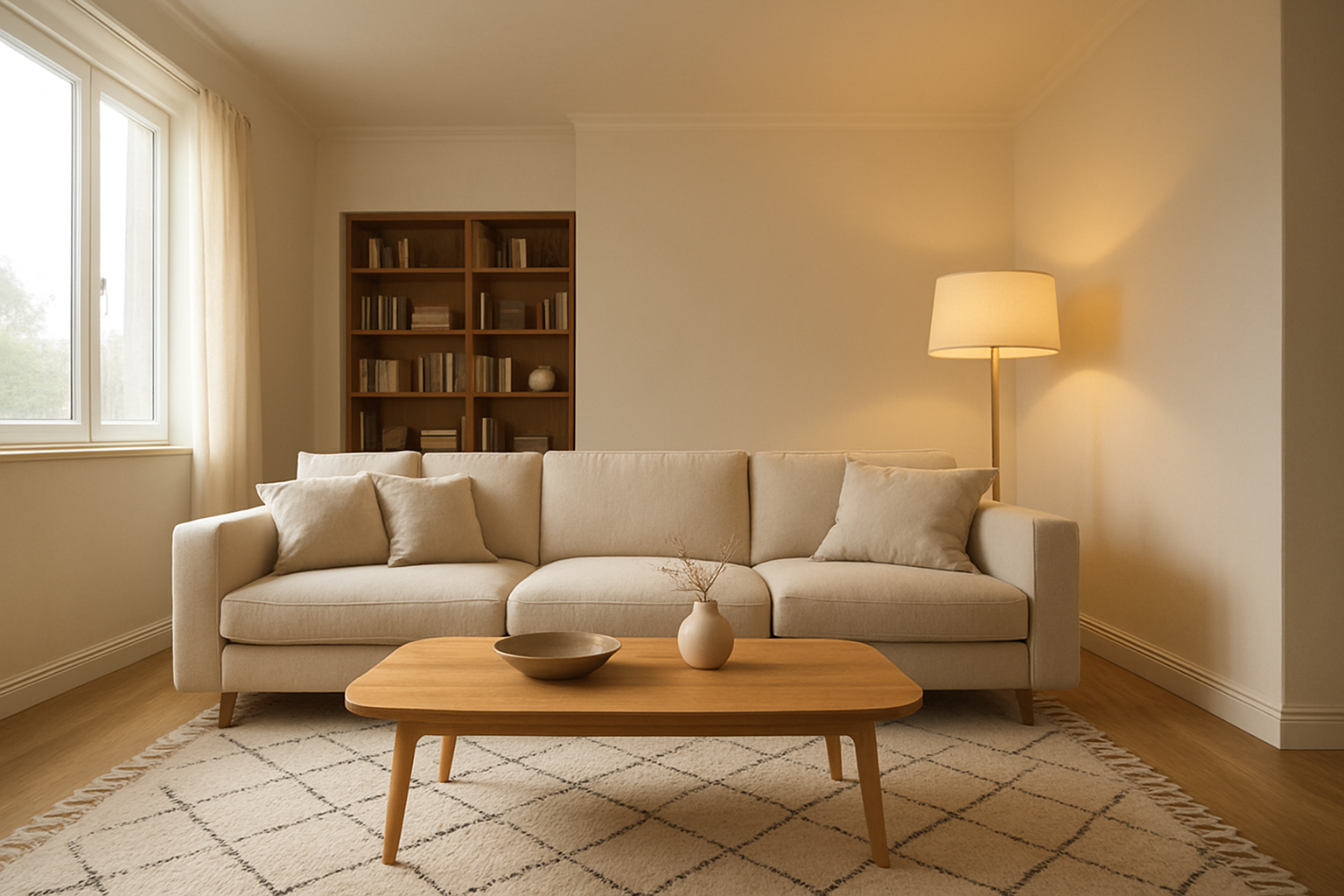 Lampadaire d'ambiance design en laiton et lin blanc dans un salon moderne avec canapé beige et table basse en bois, lumière chaude tamisée