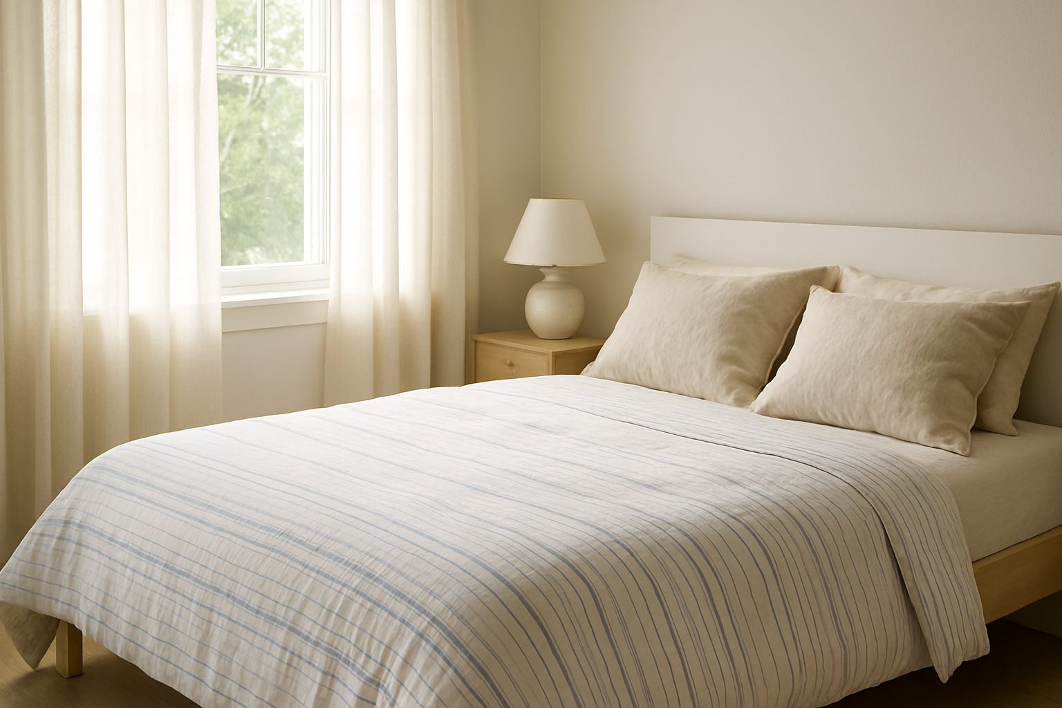 Lit confortable avec linge de lit blanc rayé bleu et taies en lin beige, table de chevet en bois et lampe blanche, décoration chambre chic et lumineuse