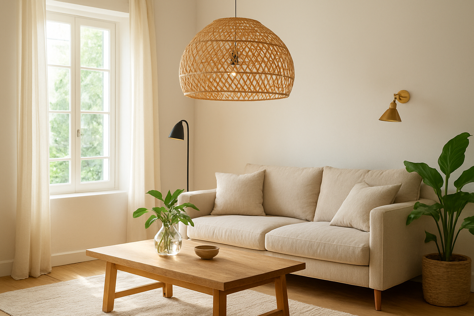 Salon nantais avec suspension en rotin, lampadaire métal noir et applique laiton, éclairé par lumière naturelle