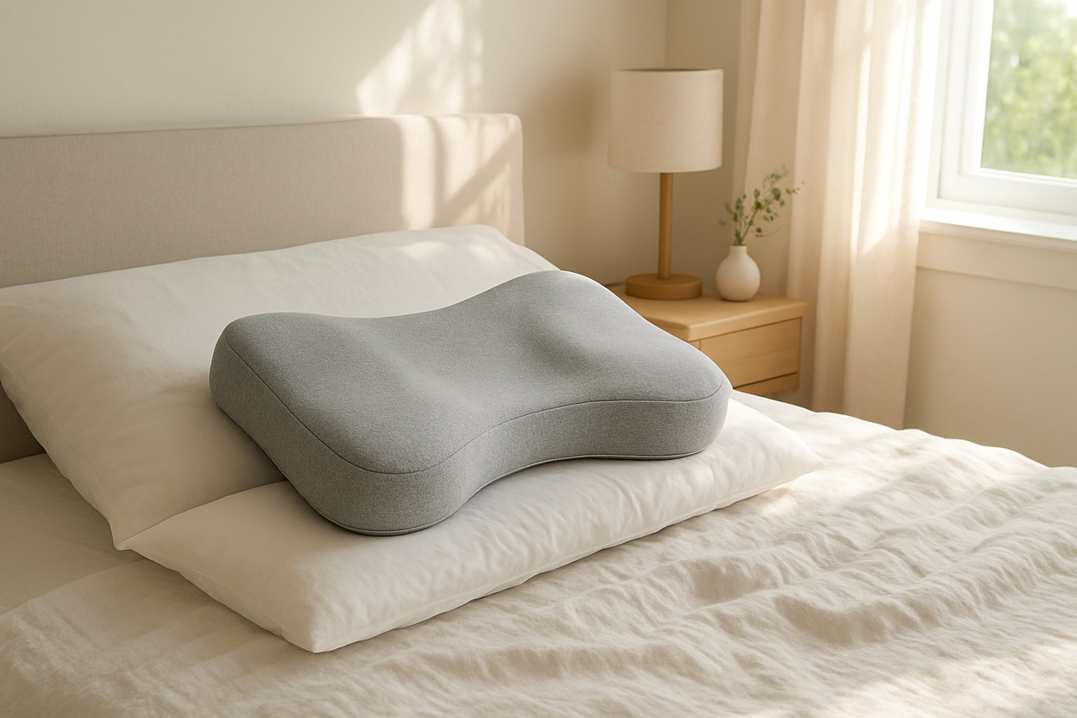 Coussin ergonomique cervical en mousse mémoire posé sur un lit dans une chambre lumineuse, avec un drap en lin et une lumière naturelle tamisée.