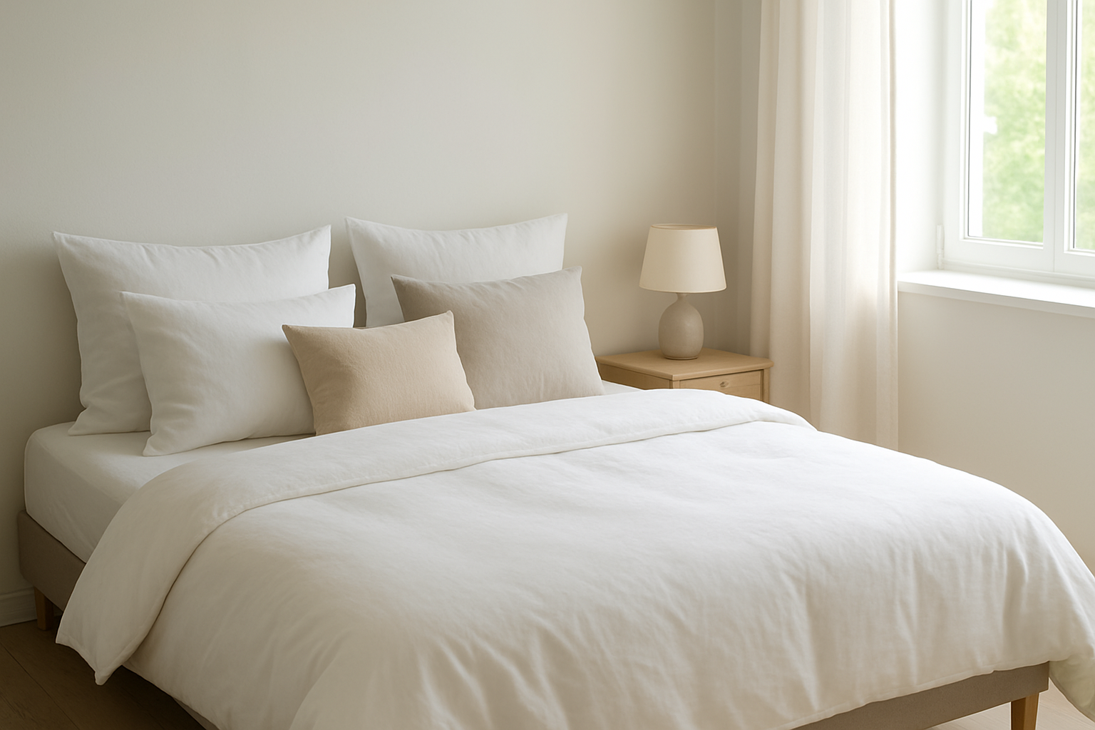 Lit fait avec du linge de lit blanc de qualité, oreillers décoratifs, table de chevet en bois et lampe, dans une chambre lumineuse au style scandinave, sans personne