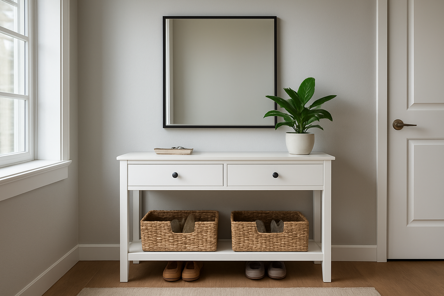 Console blanche avec rangement chaussures et miroir dans une entrée lumineuse au style moderne, meuble d'entrée rangement pratique et décoratif.