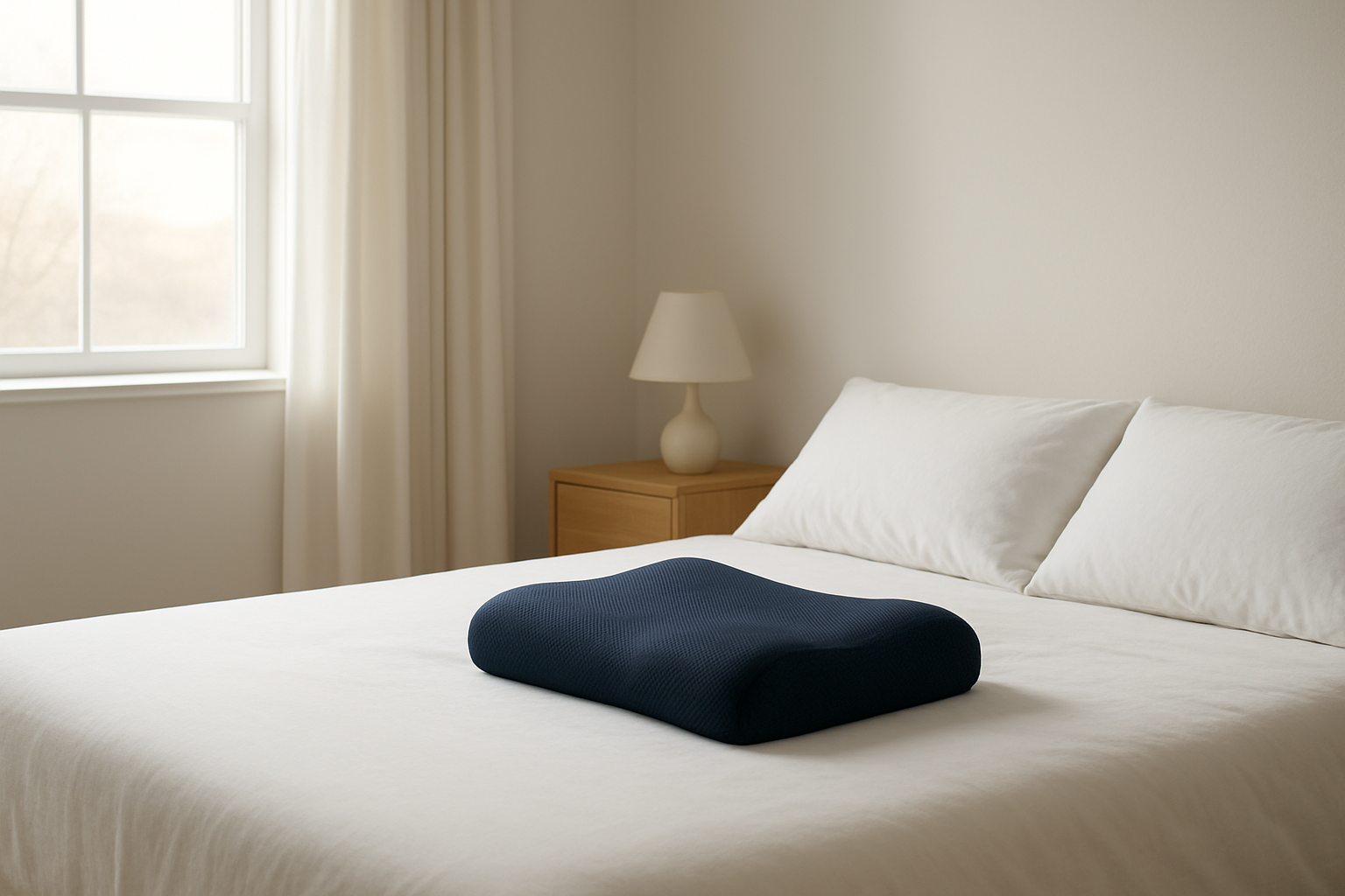 Oreiller ergonomique bleu foncé en mousse à mémoire de forme sur un lit blanc dans une chambre lumineuse au matin, style déco minimaliste