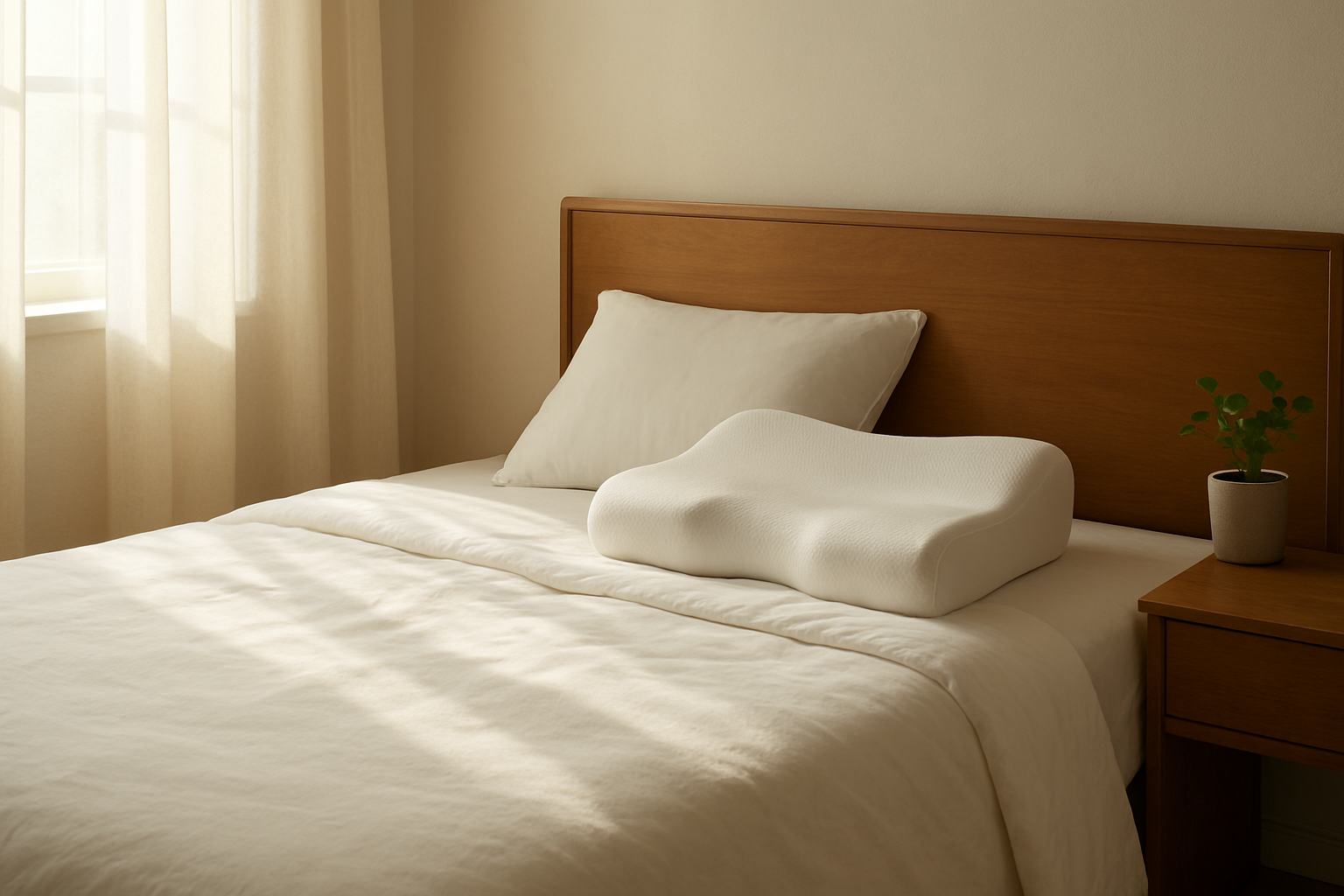 Oreiller à mémoire de forme ergonomique sur un lit fait, dans une chambre lumineuse et moderne au style minimaliste, avec lumière naturelle et plantes vertes.