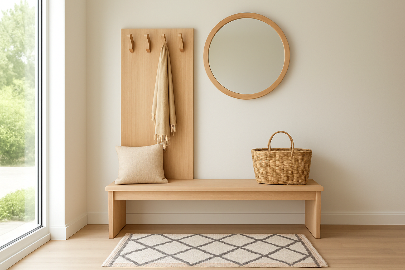 Porte-manteau meuble d'entrée en bois clair avec banc, miroir rond et tapis géométrique dans une entrée lumineuse