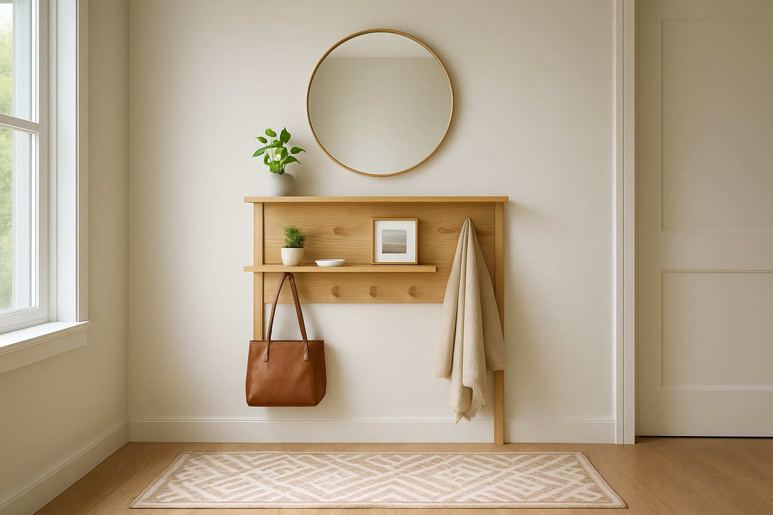 Porte-manteau mural en bois clair avec étagères dans une entrée lumineuse, décoré d'une plante, d'un vide-poche et d'un cadre photo, avec un miroir rond au-dessus et un tapis géométrique au sol.