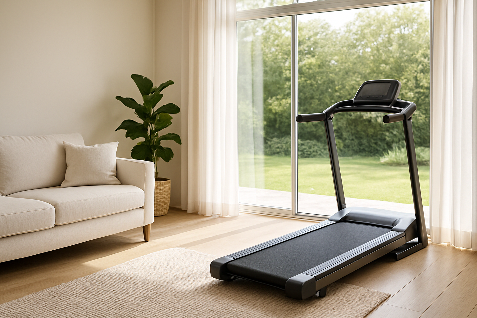 Tapis de course pliable dans un salon moderne avec baie vitrée, canapé blanc et plante verte, lumière naturelle