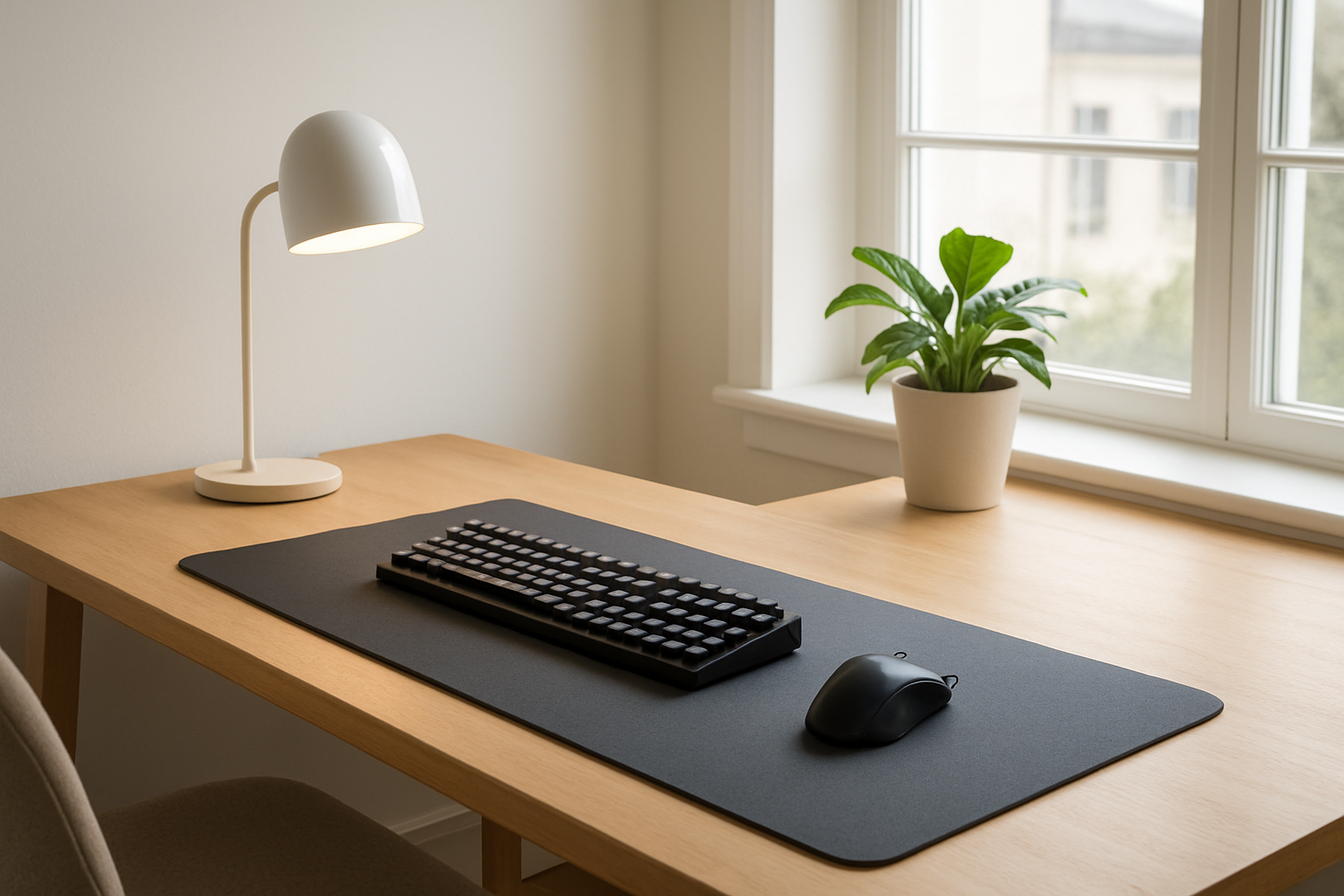 Bureau moderne avec tapis de souris XXL gris, souris gaming noire, clavier mécanique et lampe design, lumière naturelle et plante verte.