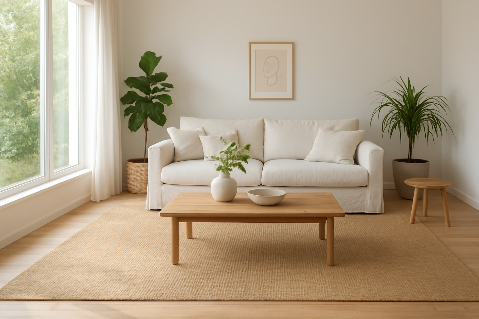 Salon lumineux avec grand tapis rafraîchissant en jute beige sur parquet clair, canapé blanc et plantes vertes