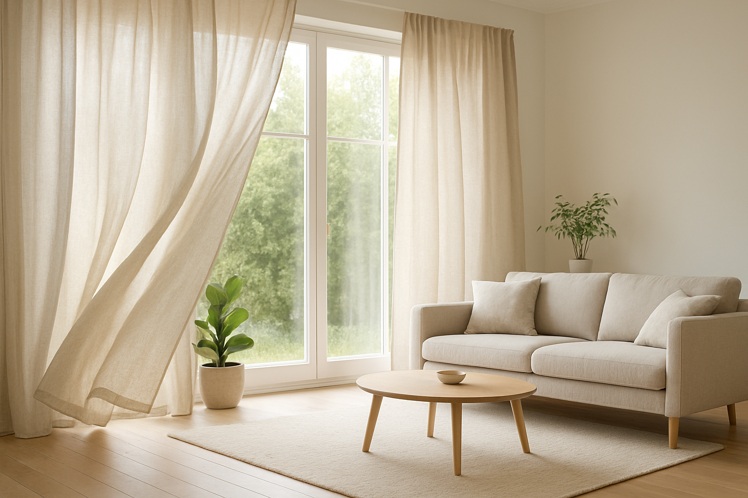 Rideaux en lin beige dans un salon lumineux au style scandinave, avec une lumière naturelle filtrant à travers le tissu, créant une ambiance chaleureuse et élégante.