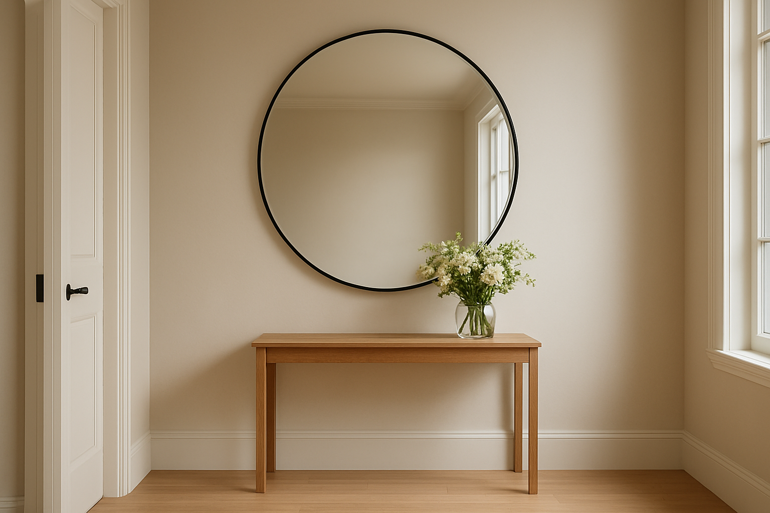 Grand miroir d'entrée rond au cadre noir dans un hall lumineux, avec console en bois et vase de fleurs