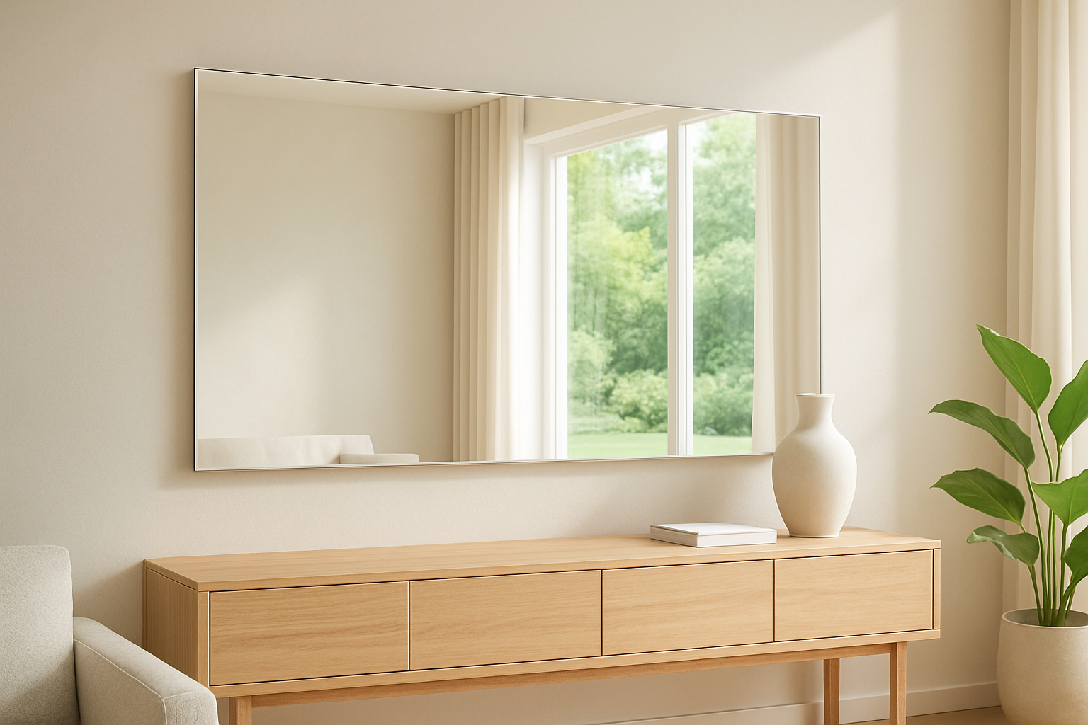 Grand miroir mural rectangulaire horizontal sans cadre dans un salon lumineux, reflétant une fenêtre et un jardin verdoyant, au-dessus d'une console en bois clair.