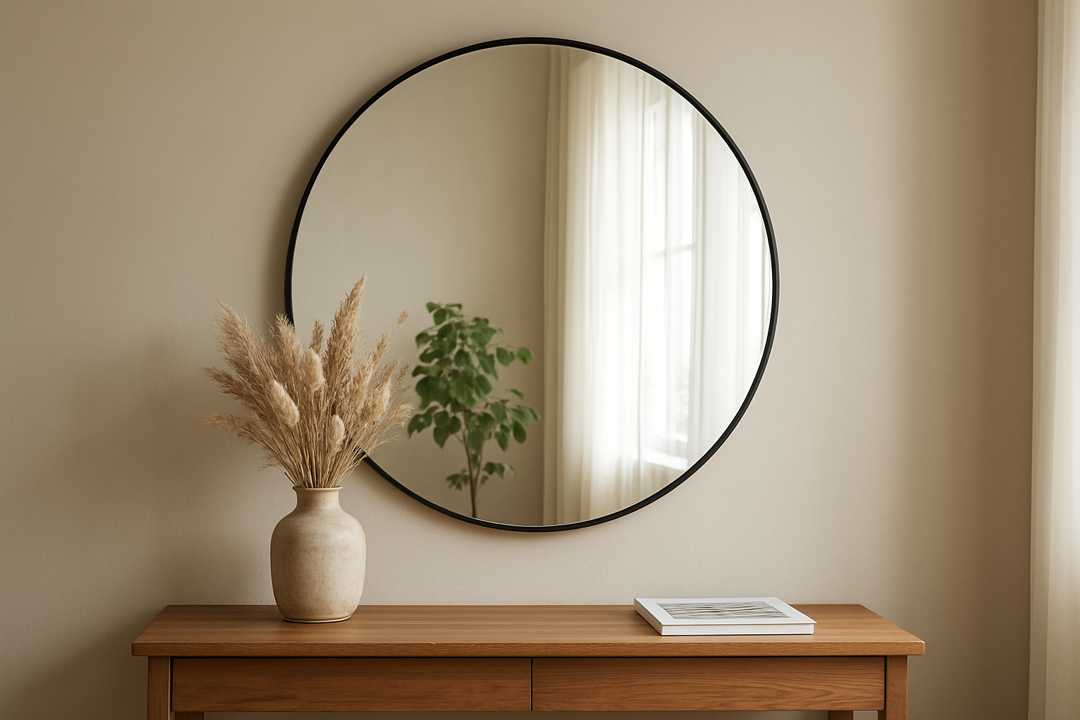 Grand miroir rond avec cadre métallique noir accroché au-dessus d'une console en bois, reflétant une fenêtre lumineuse avec des rideaux blancs et une plante verte dans un salon moderne