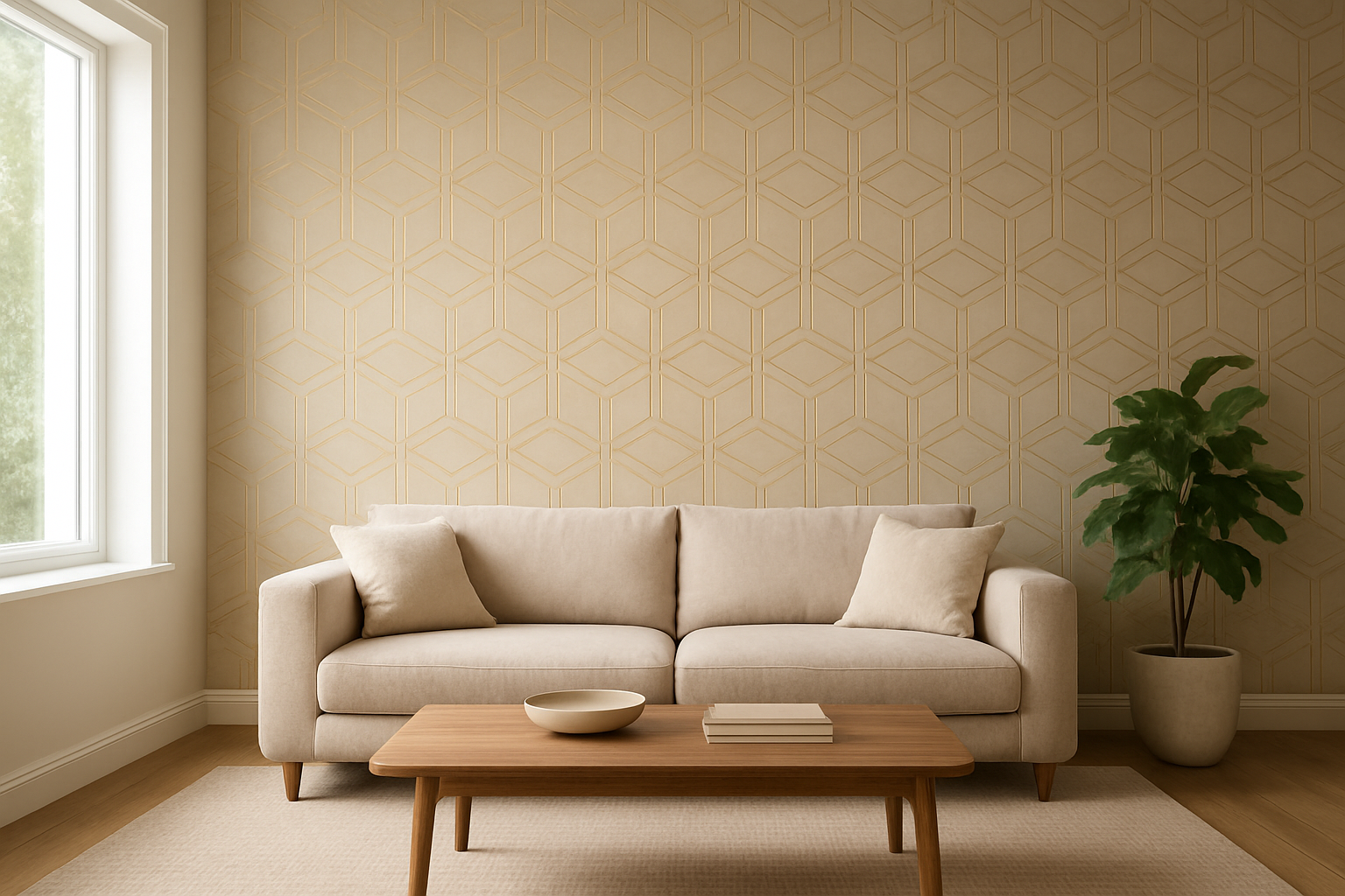 Séjour moderne avec mur d'accent en papier peint géométrique beige et doré, canapé beige et lumière naturelle