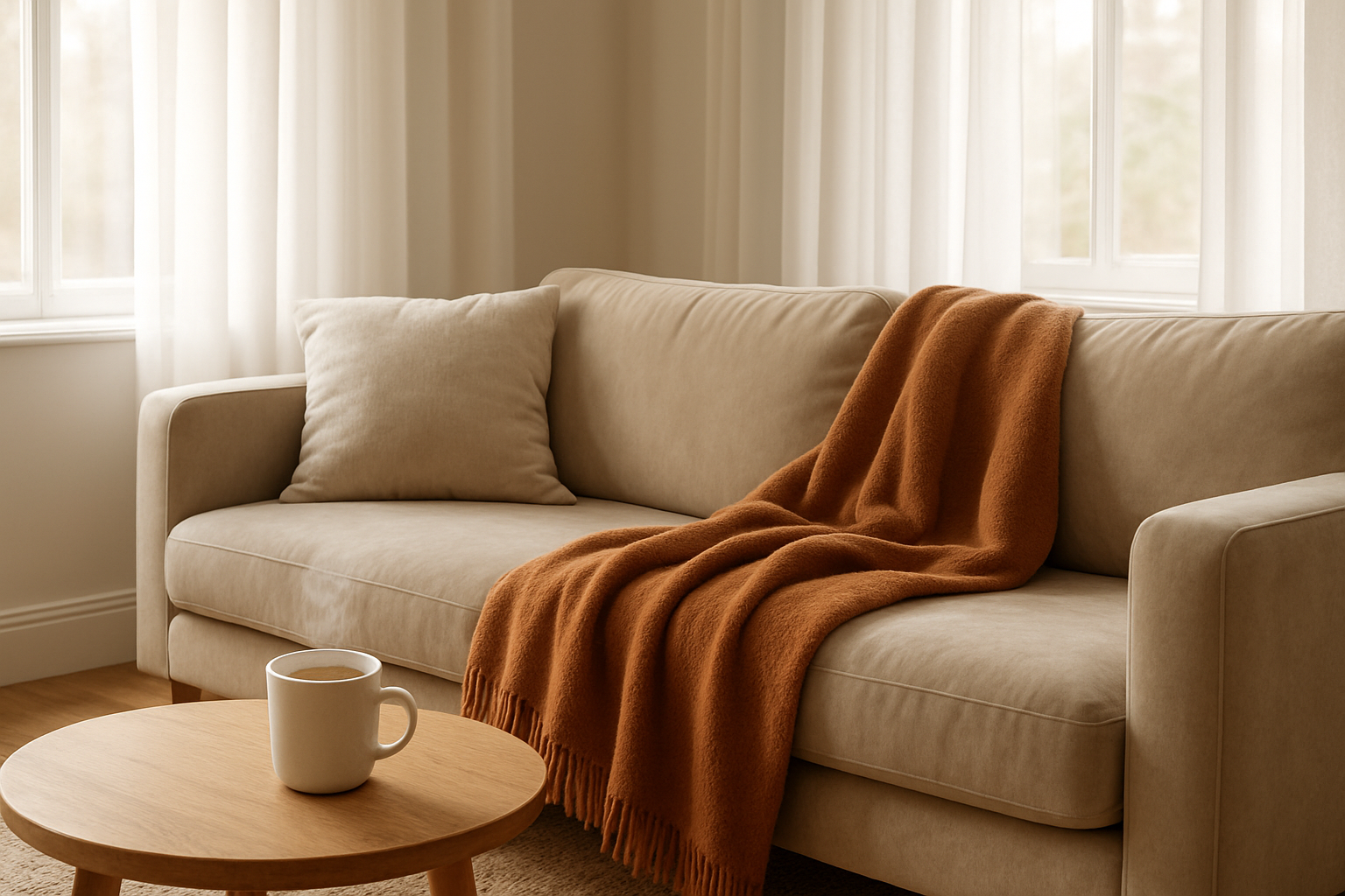 Plaid chaud polaire caramel sur canapé velours beige, tasse de thé sur table basse, lumière naturelle hivernale, ambiance cocooning