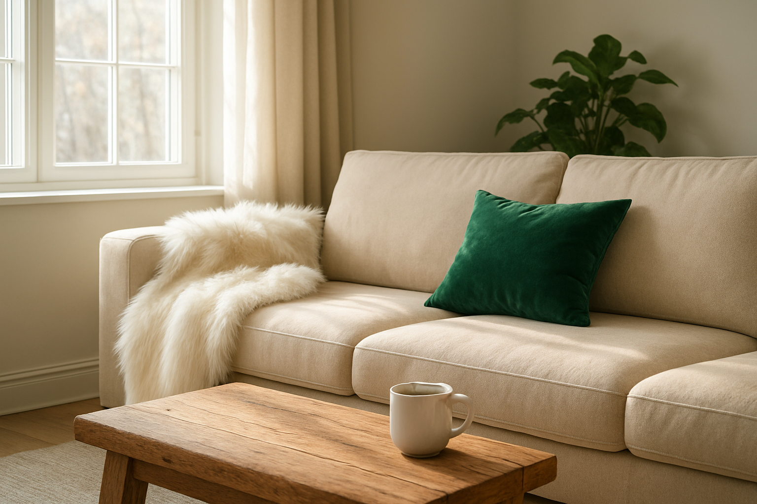Plaid cocooning blanc en fausse fourrure drapé sur un canapé beige, avec coussin vert et tasse de thé sur table basse en bois, salon lumineux et cosy.