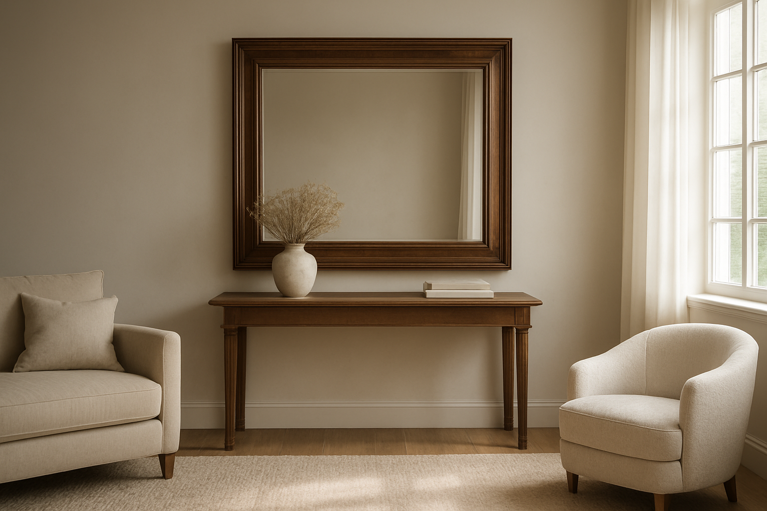 Grand miroir avec plaimbois en chêne sculpté dans un salon lumineux, posé sur une console en bois, avec vase et tapis