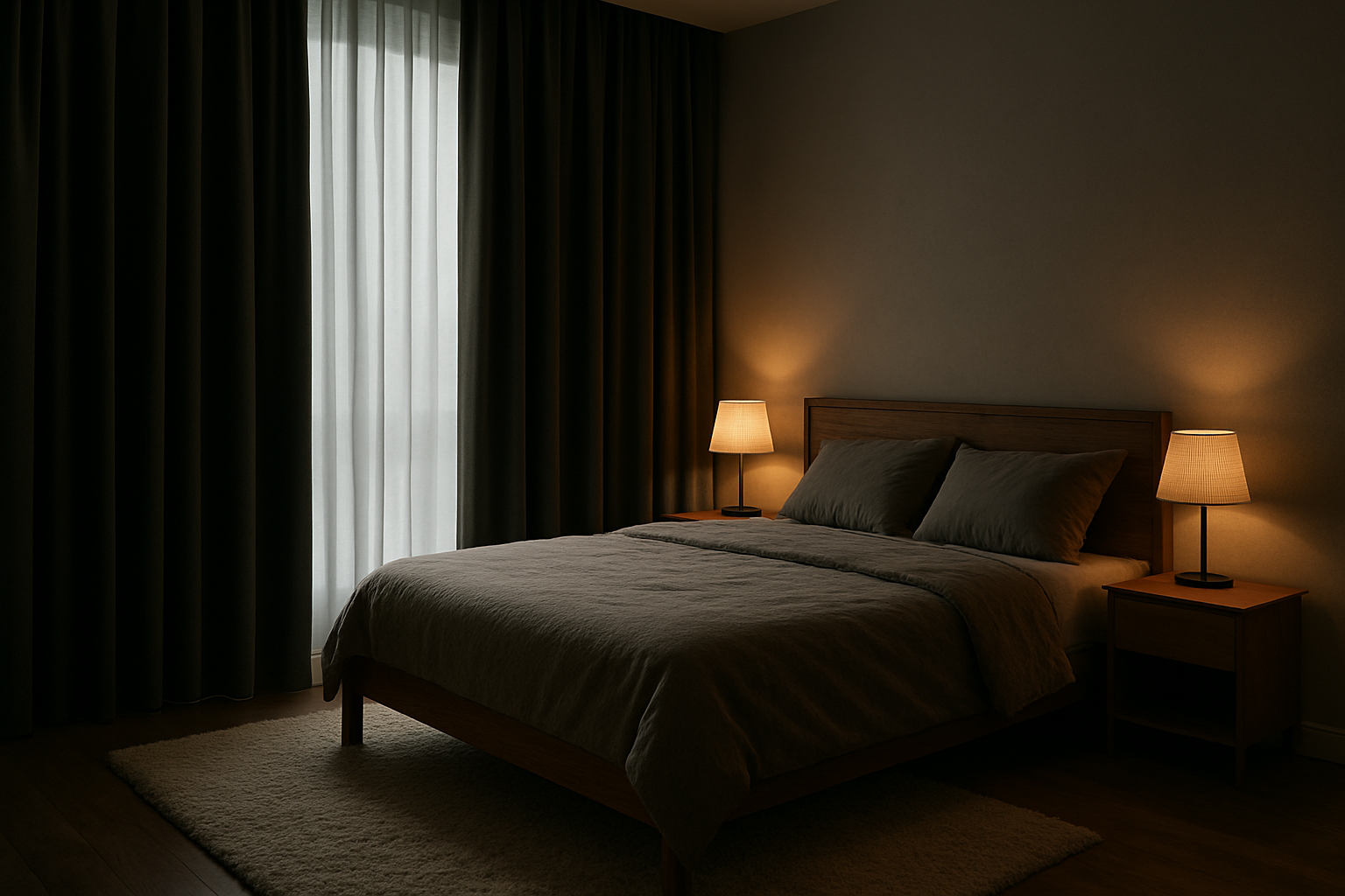 Rideau occultant gris foncé dans une chambre cosy, bloquant la lumière du jour, avec une lampe de chevet allumée créant une ambiance tamisée.