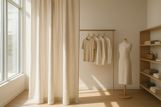 Rideau en lin blanc dans une boutique lumineuse, avec vêtements suspendus et lumière naturelle tamisée - rideau magasin