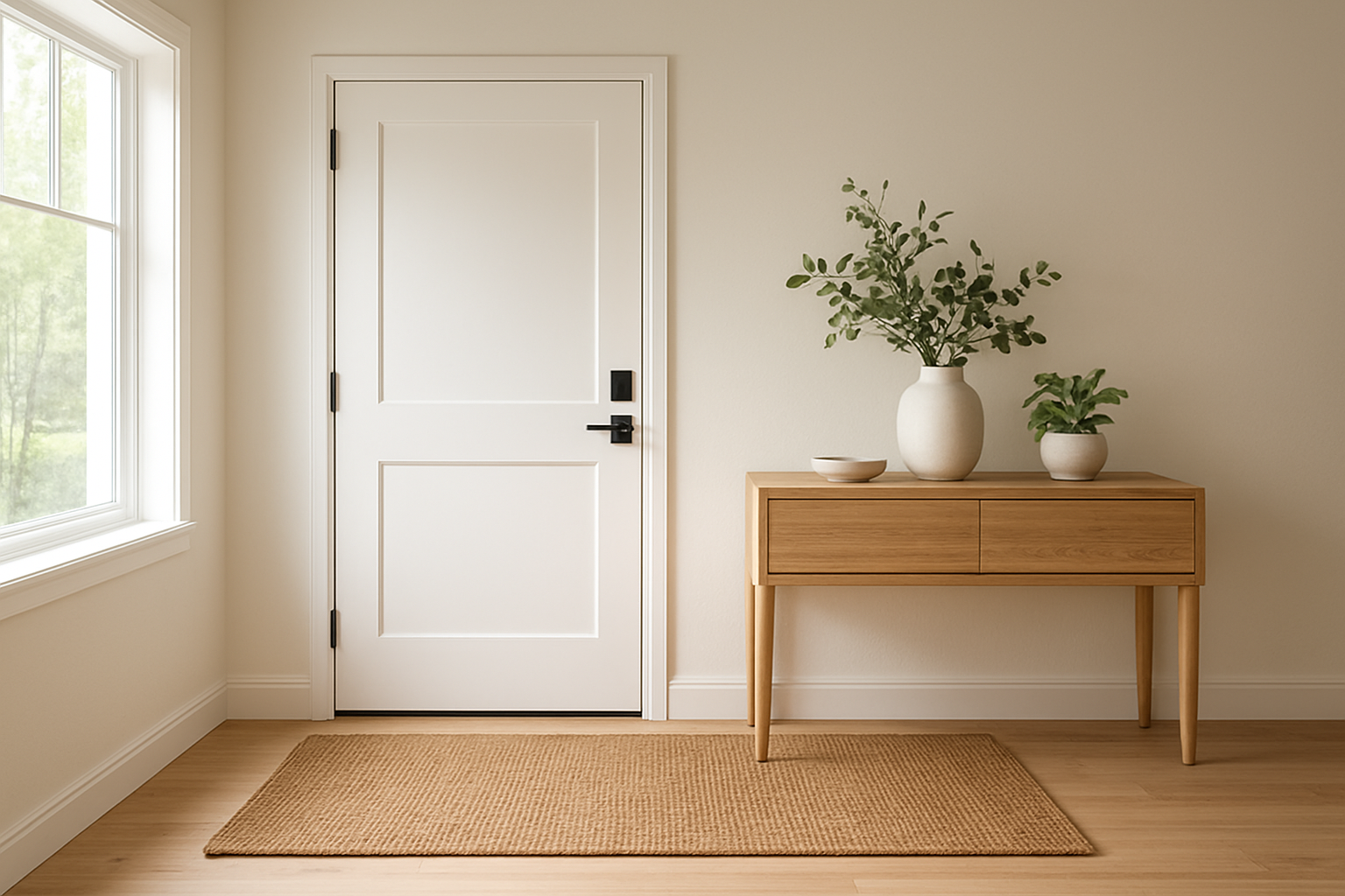 Tapis d'entrée sur mesure en coco devant une porte d'entrée blanche, avec meuble en bois et plantes vertes dans une entrée lumineuse