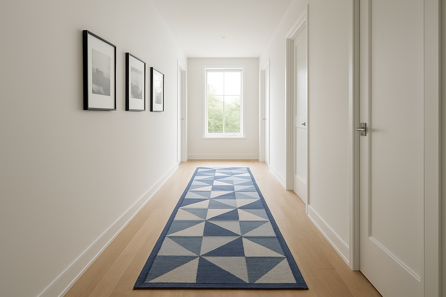 Tapis de couloir moderne aux motifs géométriques dans un couloir lumineux avec murs blancs et cadres photo, créant une ambiance chaleureuse et élégante.