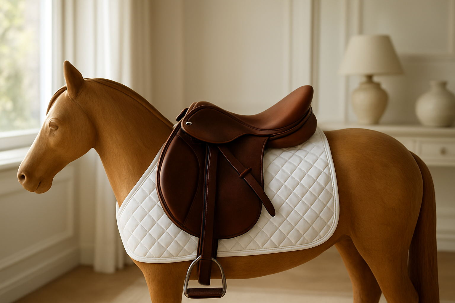 Tapis de selle en coton blanc sur un cheval de bois dans une sellerie lumineuse, avec une selle en cuir marron posée dessus, ambiance déco naturelle