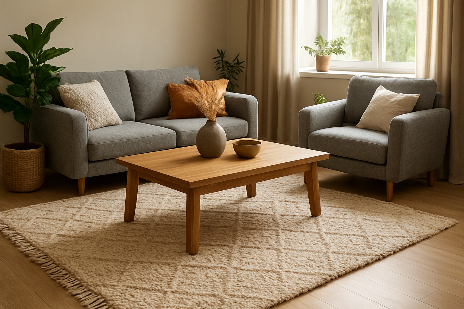 Salon lumineux avec un grand tapis berbère beige en laine sous une table basse en bois, canapé gris et fauteuils, lumière naturelle, décoration scandinave