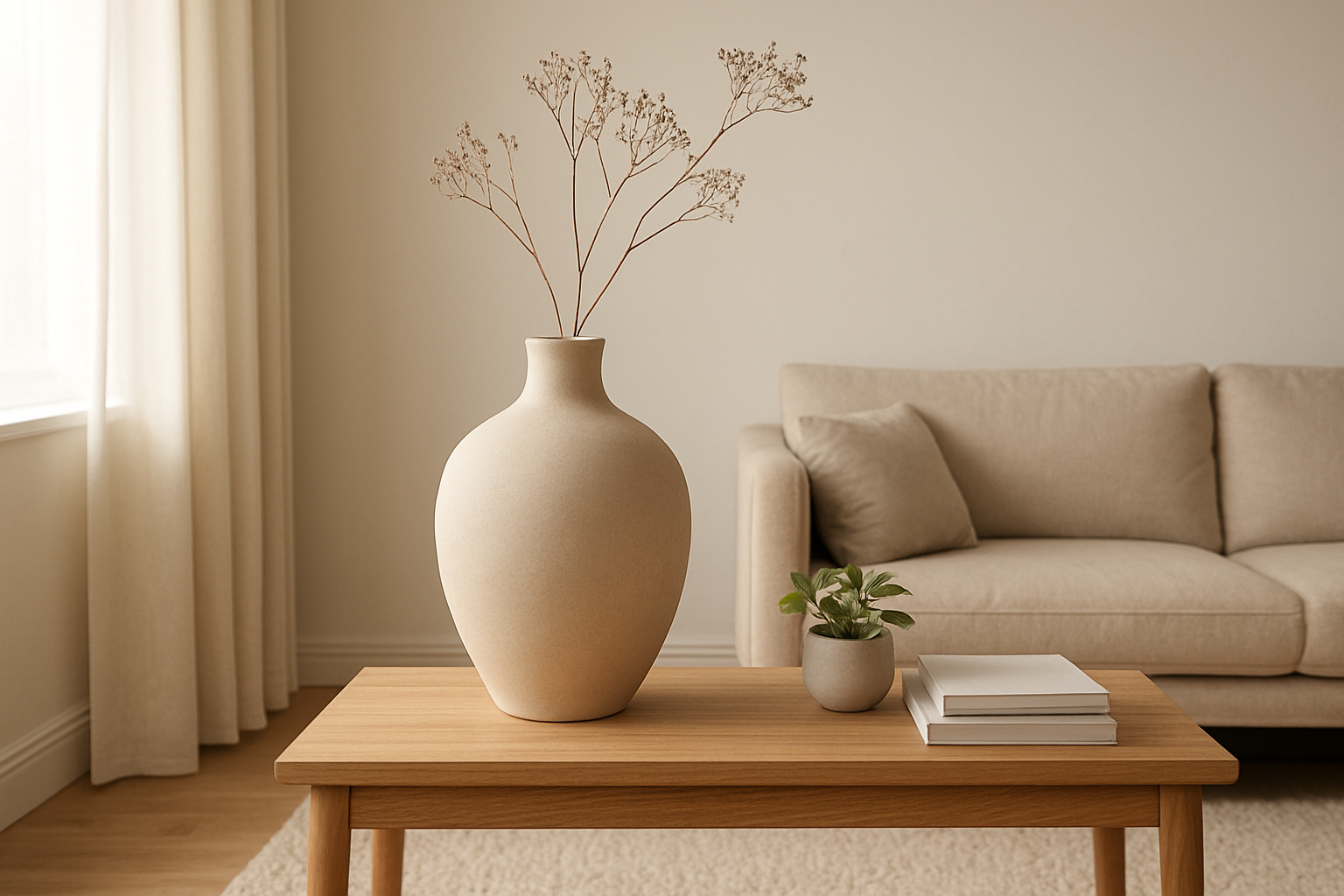 Vase design en céramique beige posé sur une console en bois, accompagné de livres et d'une plante, dans un salon scandinave lumineux au style minimaliste.