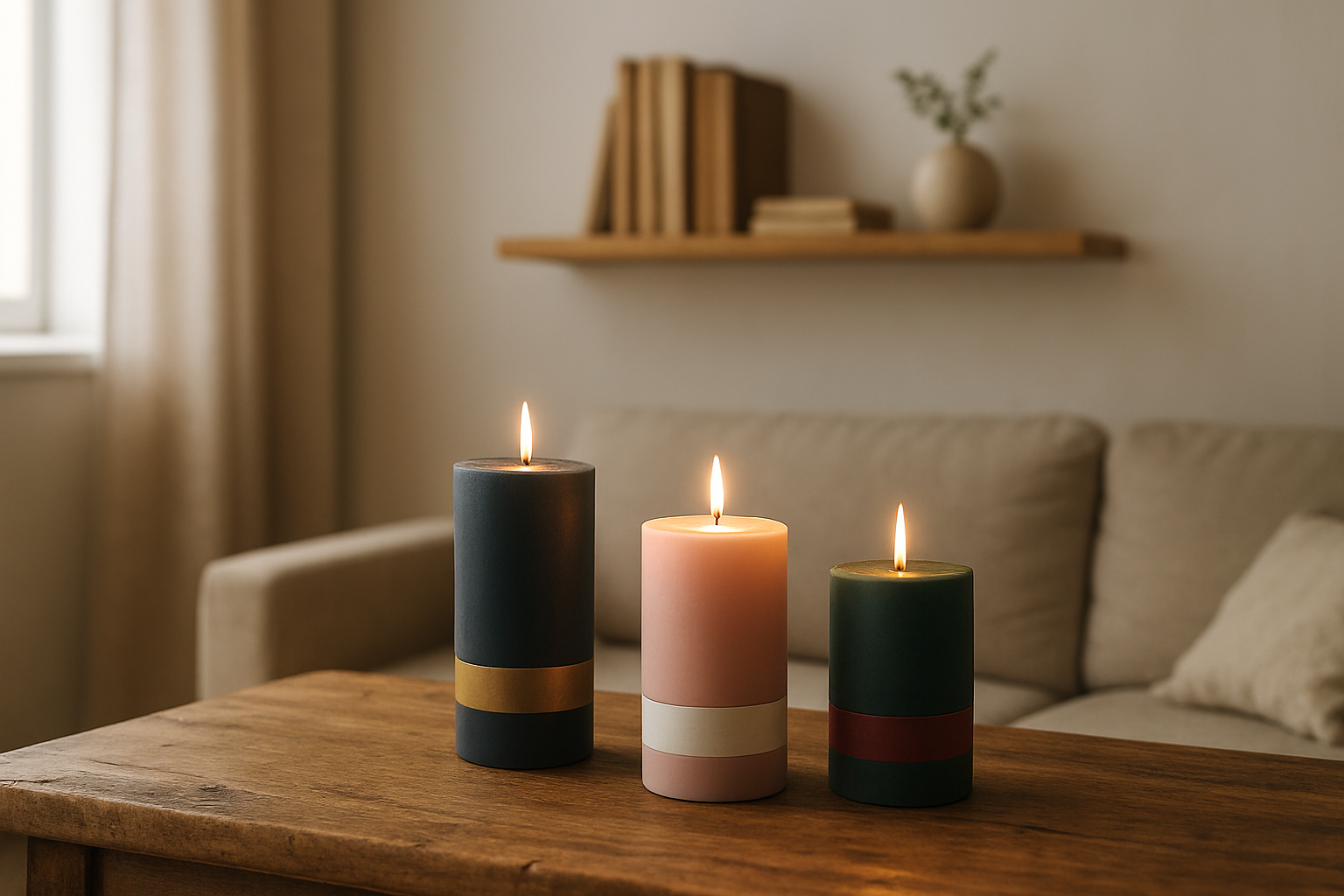 Trois bougies 2 temps aux couleurs contrastées sur une table en bois, avec lumière naturelle et décoration intérieure sobre.