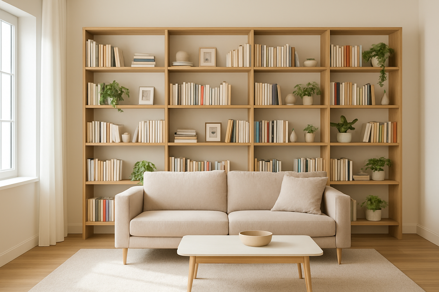 Bibliothèque étagère en bois effet chêne dans un salon lumineux, avec livres, plantes et cadres photo rangés sur les étagères