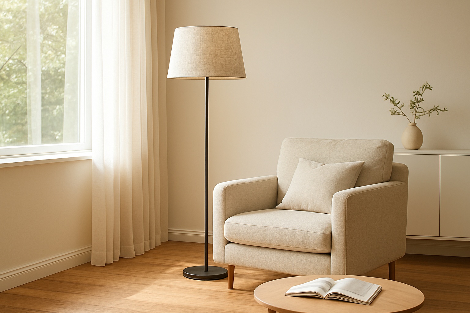 Abat-jour en lin beige sur lampadaire design dans un salon lumineux et moderne, avec fauteuil et parquet en bois clair