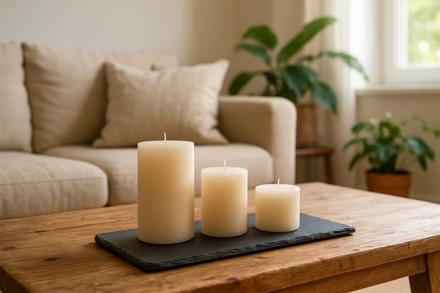 Trois bougies artisanales en cire naturelle sur un plateau en ardoise, posé sur une table basse en bois, dans un salon lumineux et cosy.