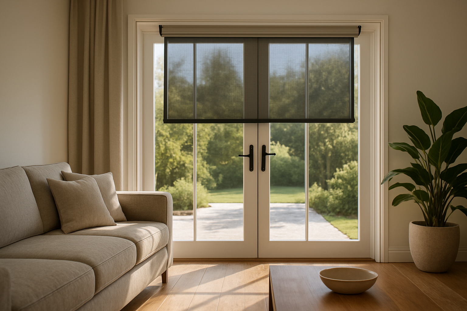 Moustiquaire enrouleur installée sur une porte-fenêtre dans un salon lumineux, avec vue sur un jardin verdoyant