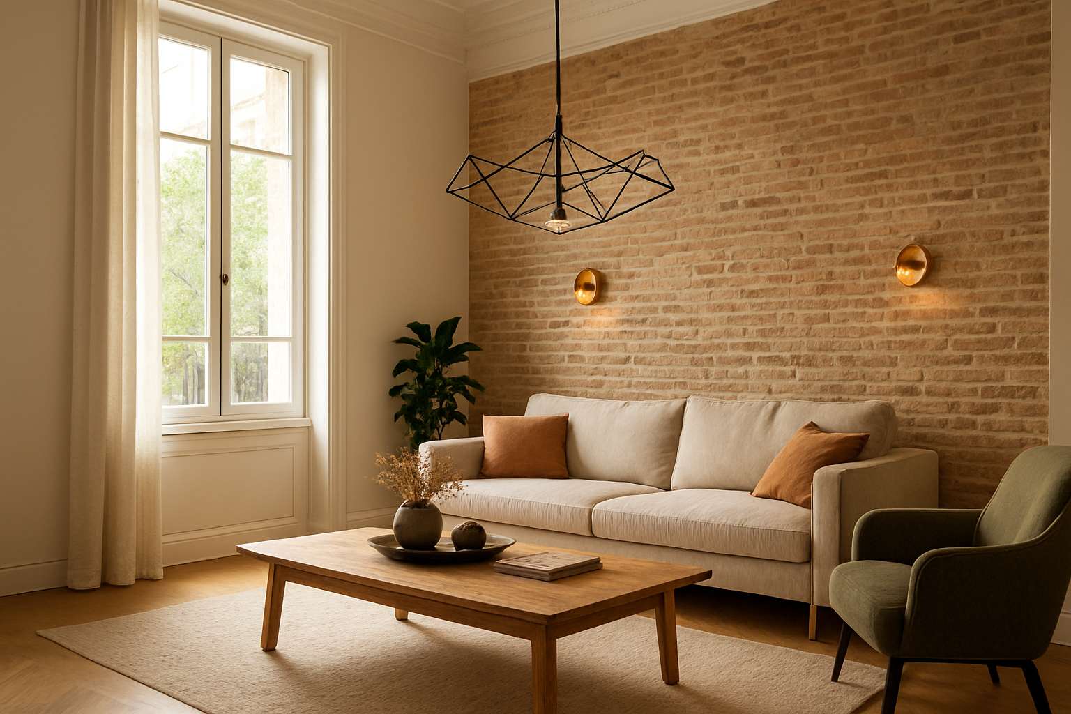 Lustre design en métal noir suspendu dans un salon toulousain avec mur en brique et fenêtre lumineuse, éclairage d'ambiance chaleureux.