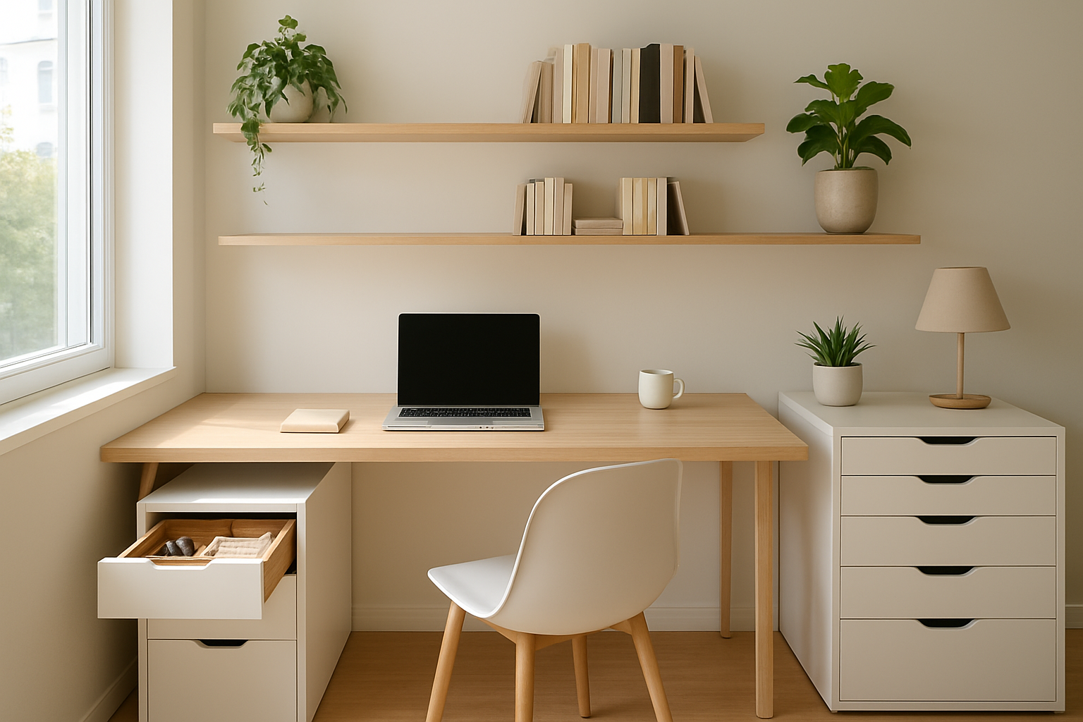 Bureau lumineux avec caisson de rangement blanc, étagères murales et organiseur de tiroirs, ambiance moderne et ordonnée