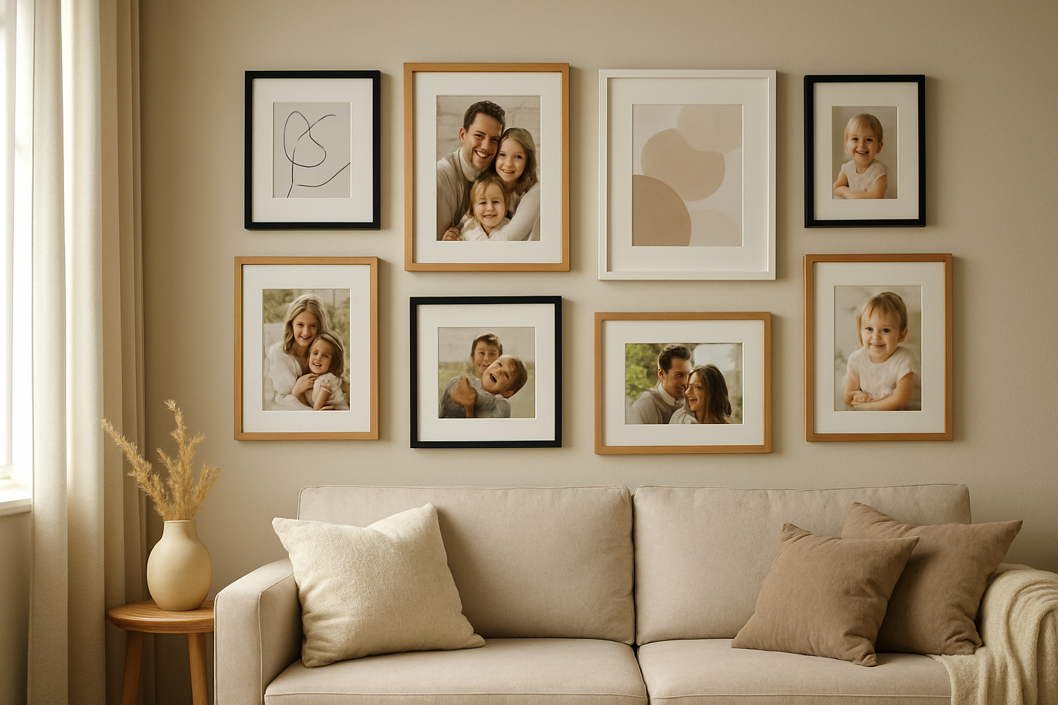 Mur de salon décoré de cadres photo pas chers de différentes tailles et couleurs, avec des photos de famille et des affiches, baigné de lumière naturelle.