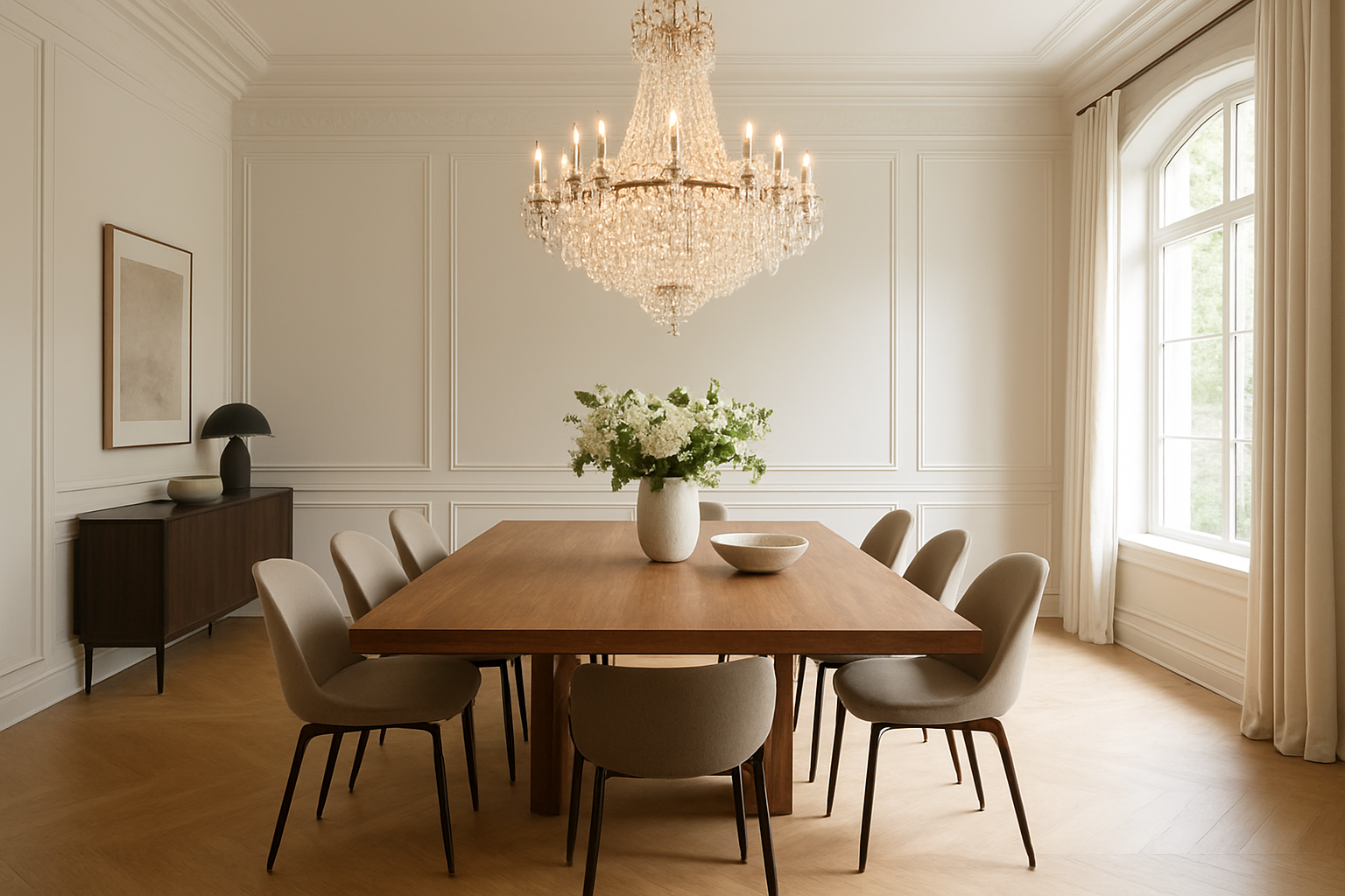 Grand lustre en cristal suspendu au-dessus d'une table à manger en bois dans une salle à manger lumineuse et élégante