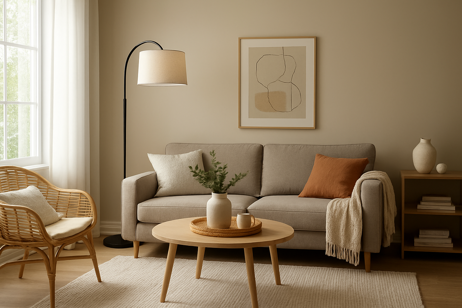 Lampadaire design La Foir'Fouille dans un salon moderne avec canapé gris et table basse en bois, lumière naturelle traversant les rideaux blancs