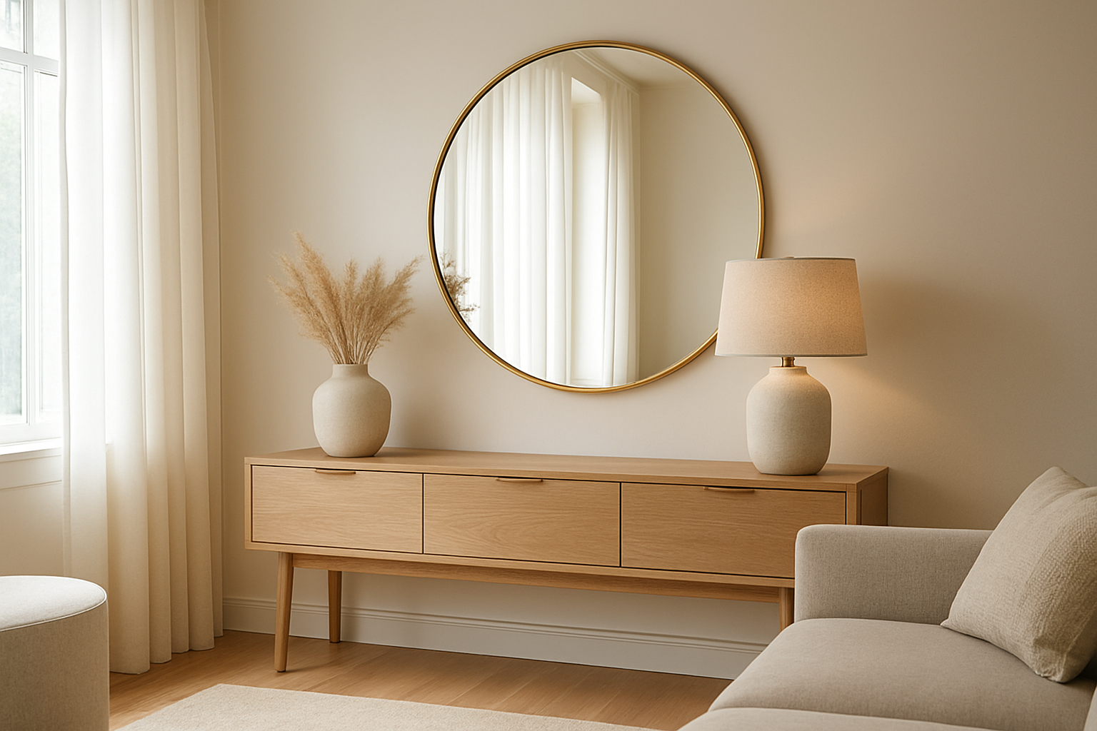 Grand miroir rond design avec cadre doré accroché au-dessus d'une console en bois dans un salon lumineux, reflétant une fenêtre et créant une ambiance chaleureuse.