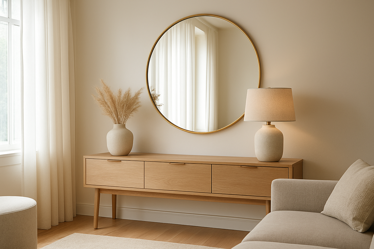 Grand miroir rond design avec cadre doré accroché au-dessus d'une console en bois dans un salon lumineux, reflétant une fenêtre et créant une ambiance chaleureuse.