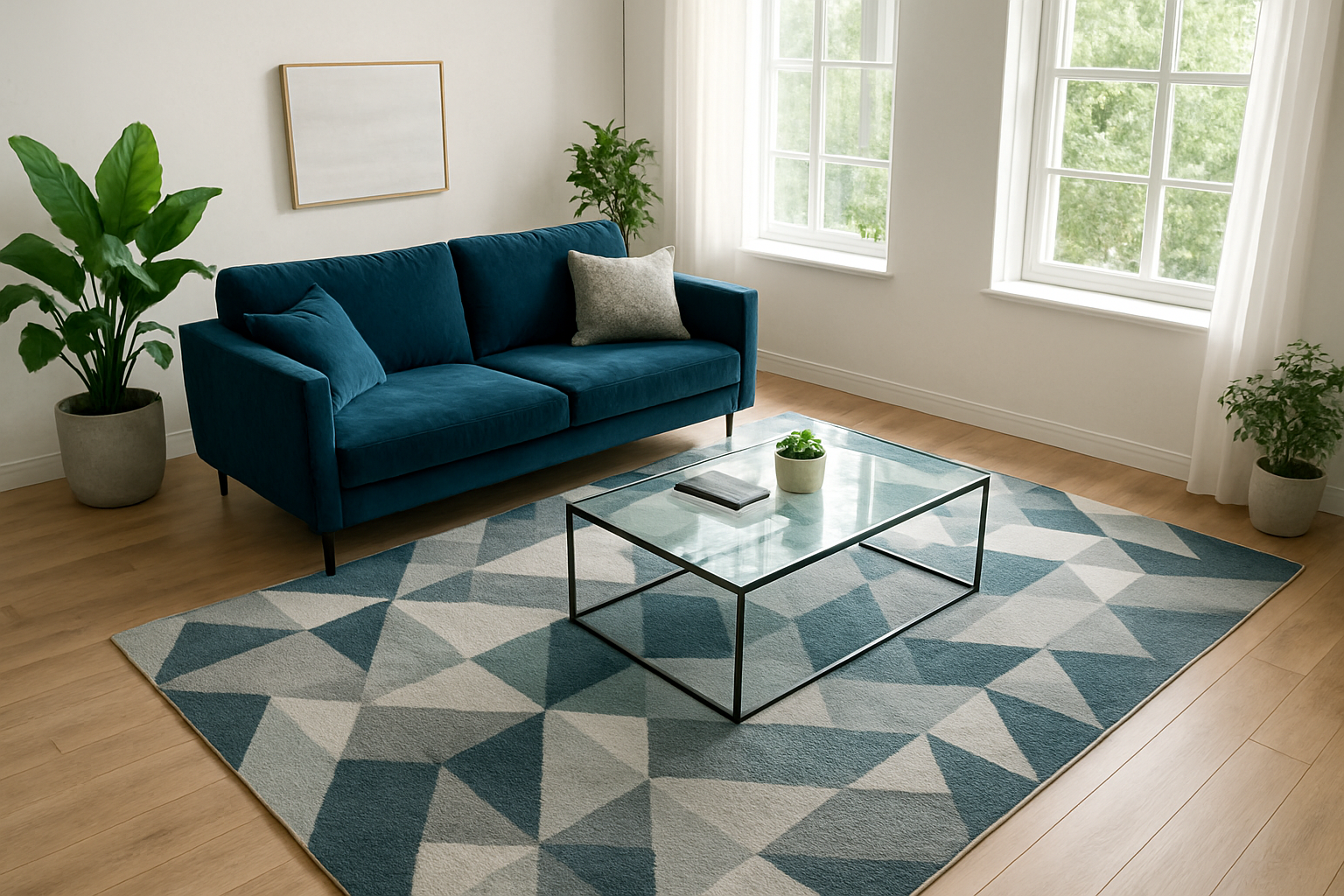 Salon contemporain avec tapis design moderne géométrique gris et bleu, table basse en verre et canapé en velours bleu, éclairé par la lumière naturelle