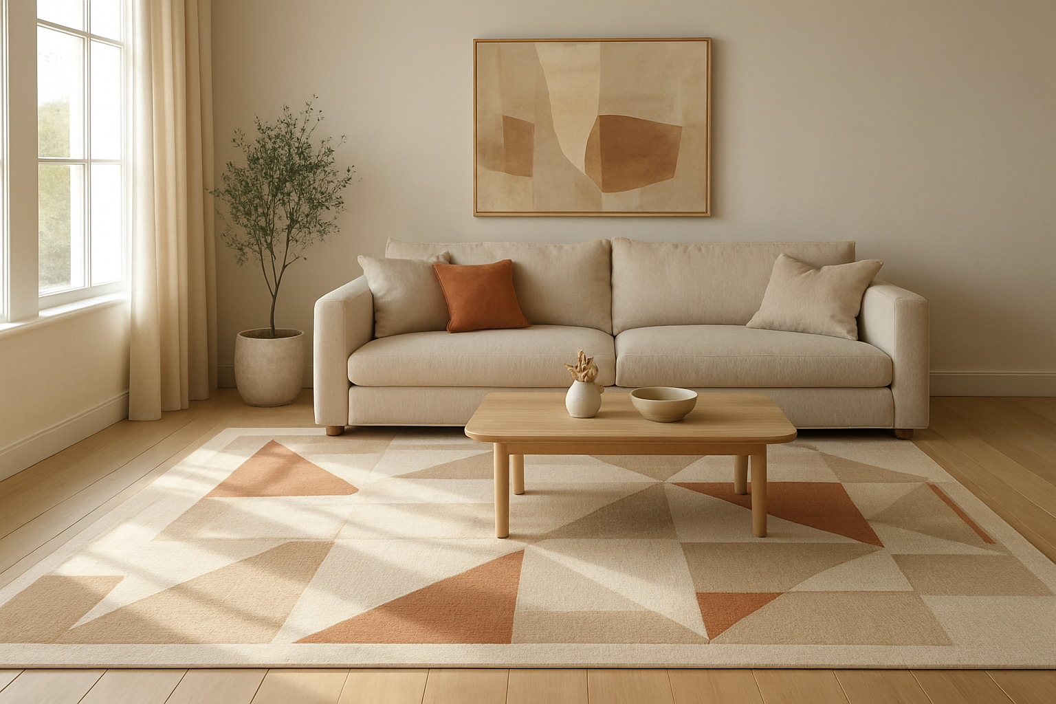 Salon lumineux avec tapis design moderne aux motifs géométriques terracotta sous canapé beige, table basse bois, lumière naturelle