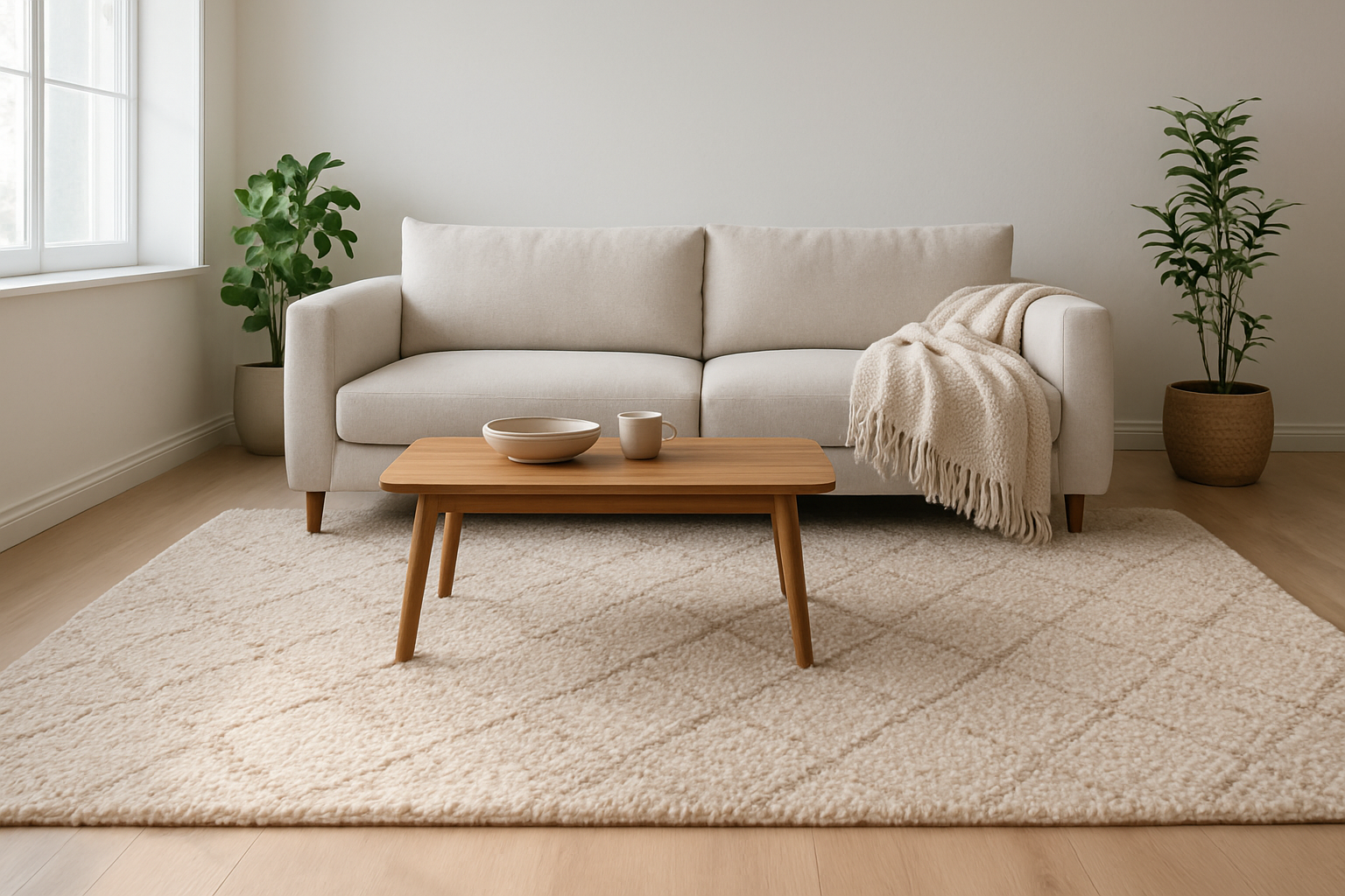 Salon lumineux avec un grand tapis Westwing berbère en laine beige et crème sous un canapé moderne et une table basse en bois, style scandinave