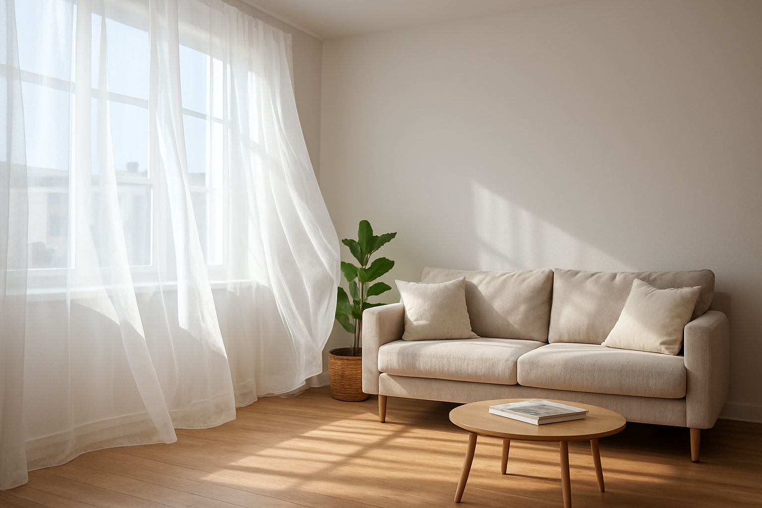 Salon lumineux avec voilage pas cher blanc semi-transparent laissant filtrer la lumière naturelle, ambiance cosy et minimaliste.