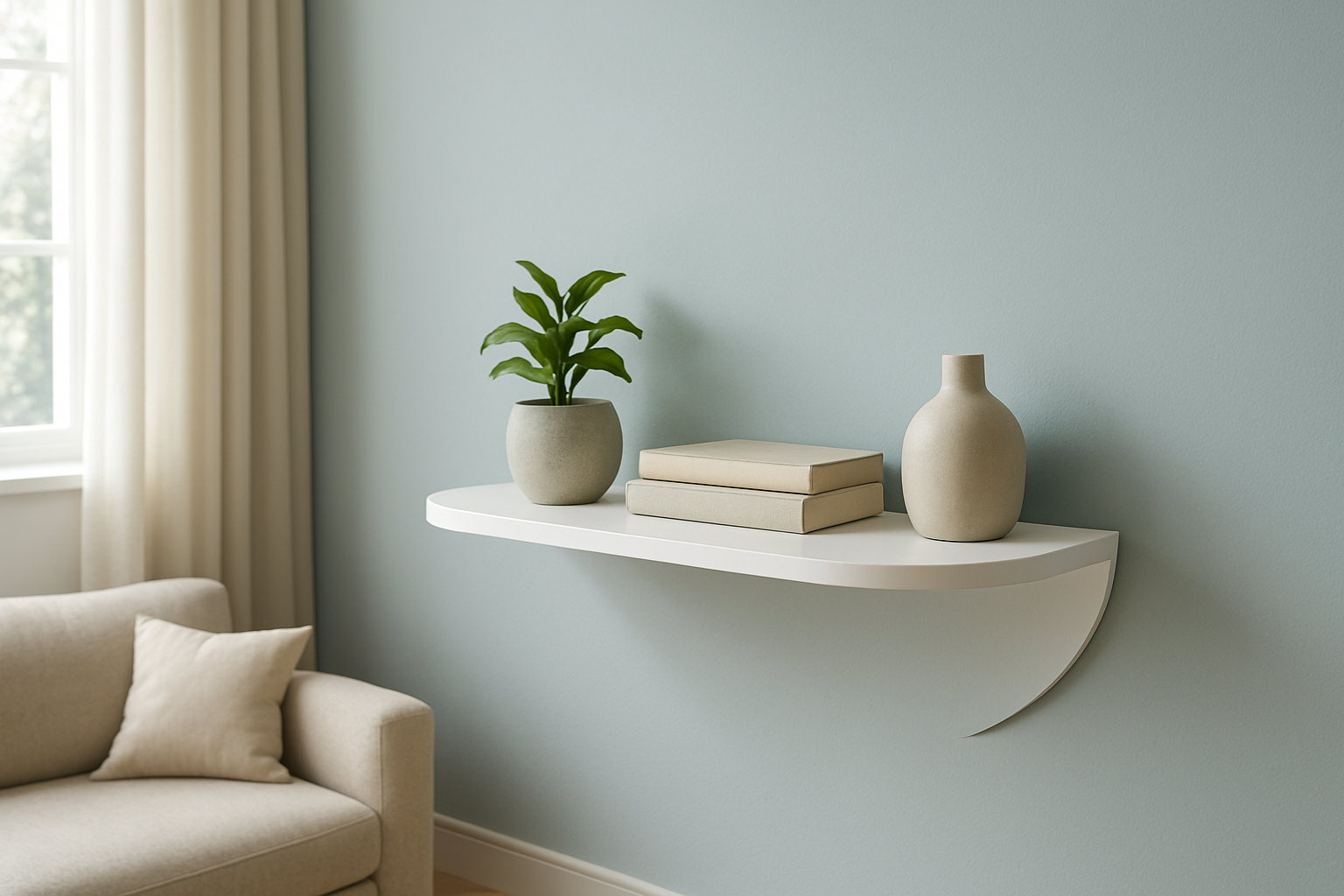 Étagère arrondie blanche sur mur bleu pastel dans un salon scandinave avec plante verte, livres et vase en céramique, lumière naturelle