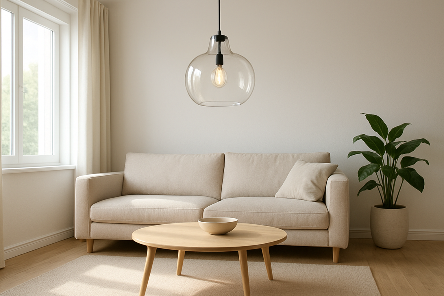 Suspension design en verre transparent au-dessus d'une table basse dans un salon moderne lumineux avec canapé beige et plante verte