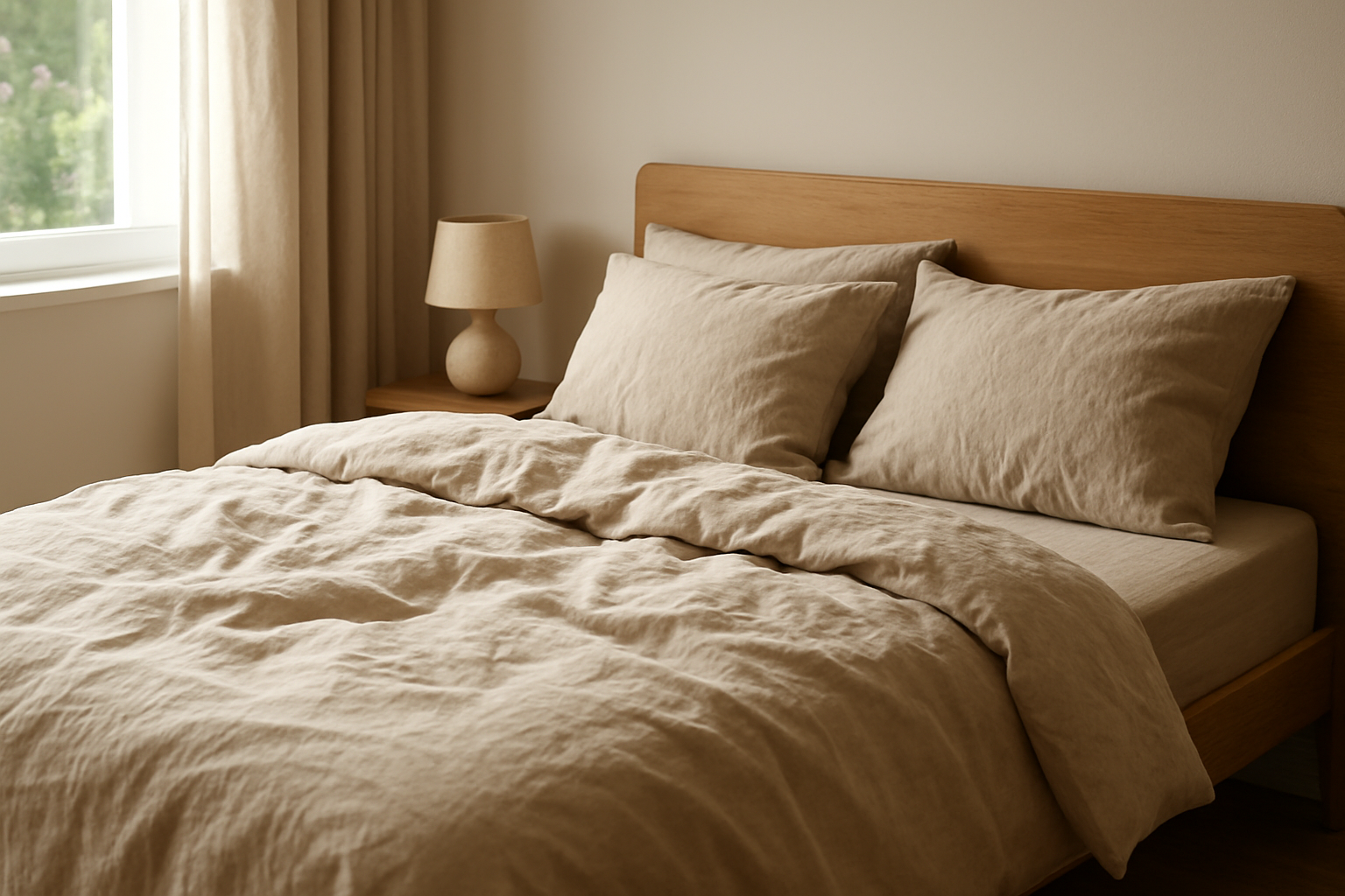 Lit avec une parure de lit pas chère en coton blanc, légèrement froissée, dans une chambre lumineuse avec lumière naturelle