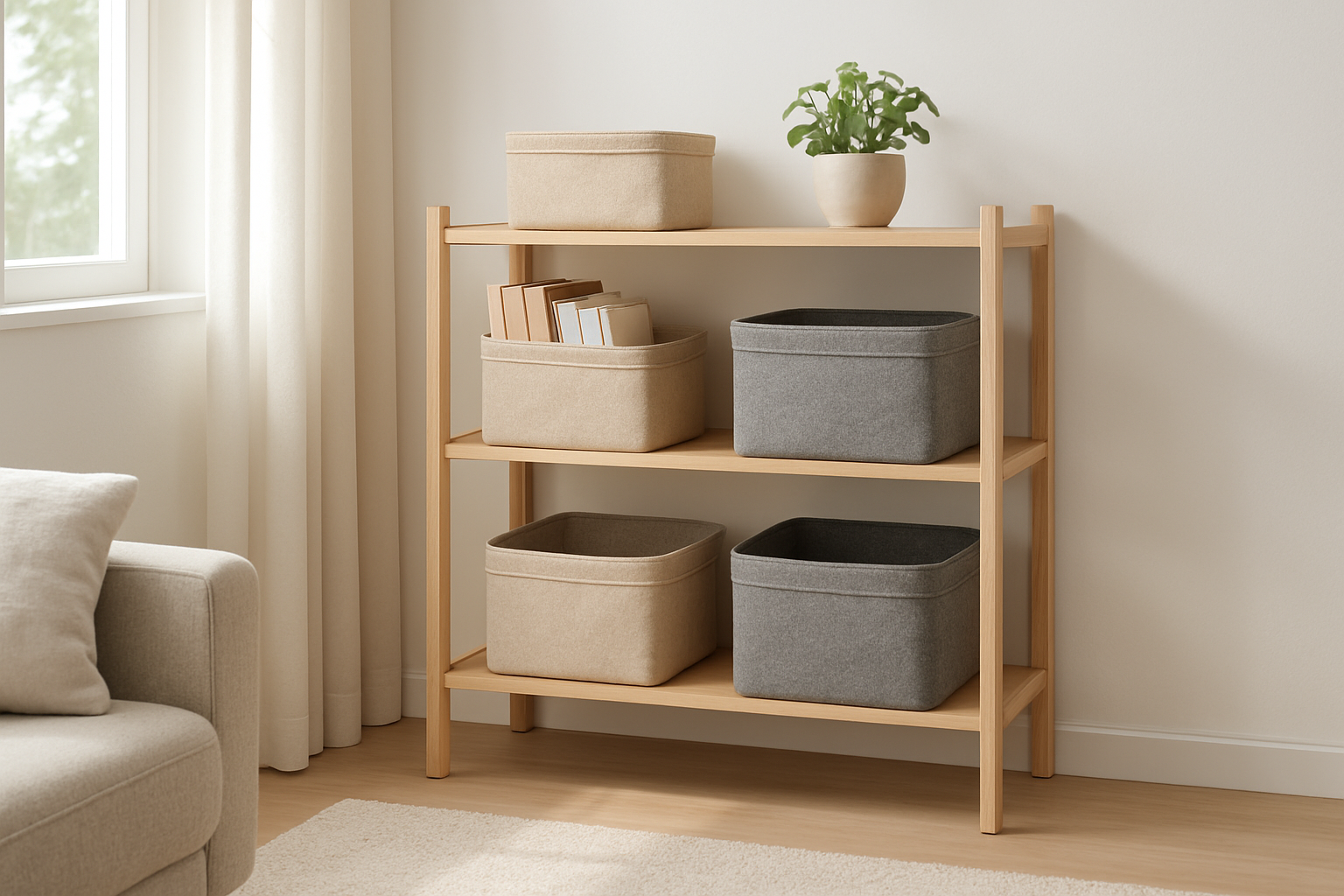 Paniers de rangement rigides en tissu beige et gris sur une étagère en bois, contenant livres et plantes, dans un intérieur lumineux style scandinave.
