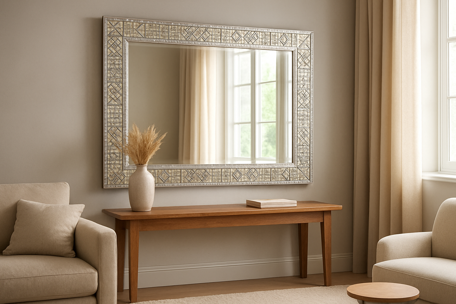 Miroir mural encadré de mosaïque miroir argentée et dorée dans un salon lumineux, avec reflets naturels et décoration moderne.